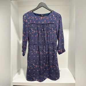Madewell Navy Birdslife Print Dress 100% Silk lined Womens size 0